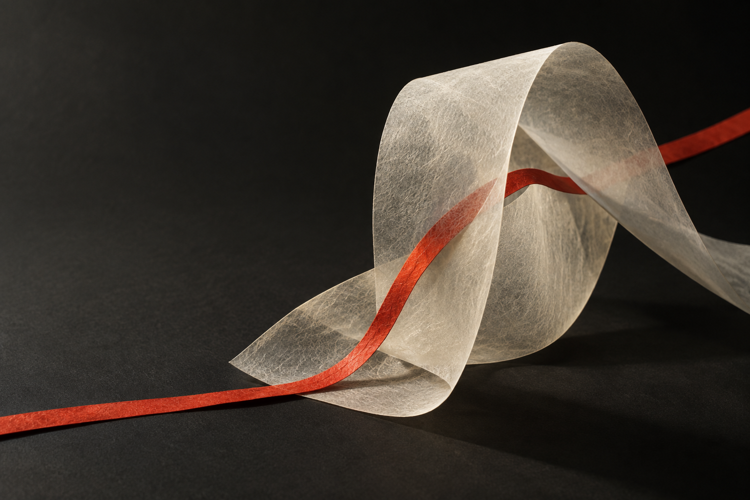 Translucent folded paper intersected by a vermilion ribbon against a dark background